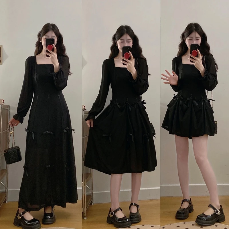 MO88ZSPF大码多重穿法春夏黑色蝴蝶结连衣裙胖MM收腰气质长裙子仙