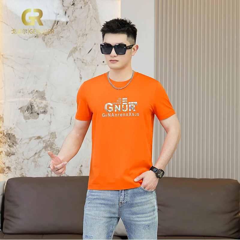 戈诺尔亮橙色印花短袖T恤夏季男士体恤衫圆领半袖时尚潮流男装