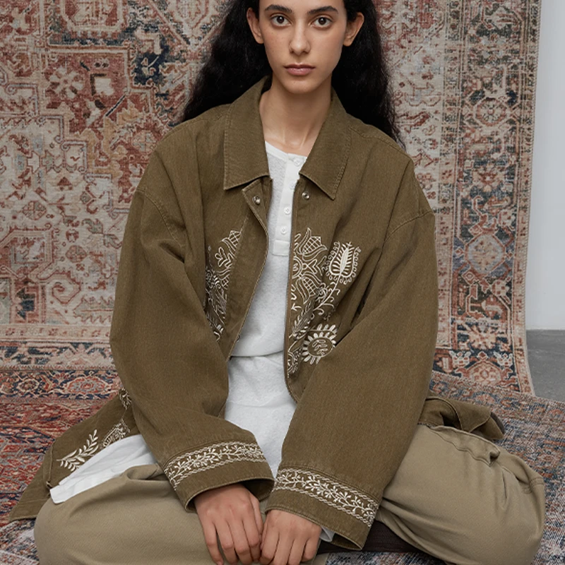 半圆纯棉女装[复古]2025秋季显瘦水洗绣花工装外套女Q5311827