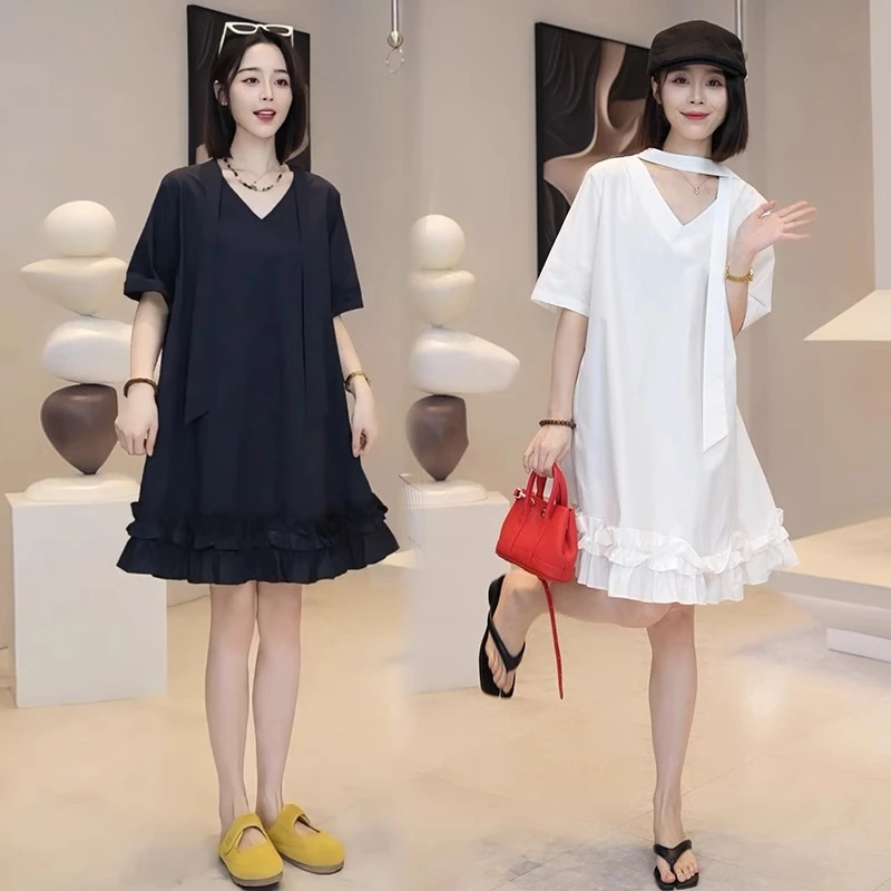 连衣裙女2025夏季新款时髦洋气宽松显瘦短袖气质荷叶边休闲裙子潮