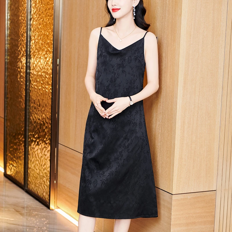缎面连衣裙女夏季气质中国风显瘦法式长款裙子提花国风无袖长裙子