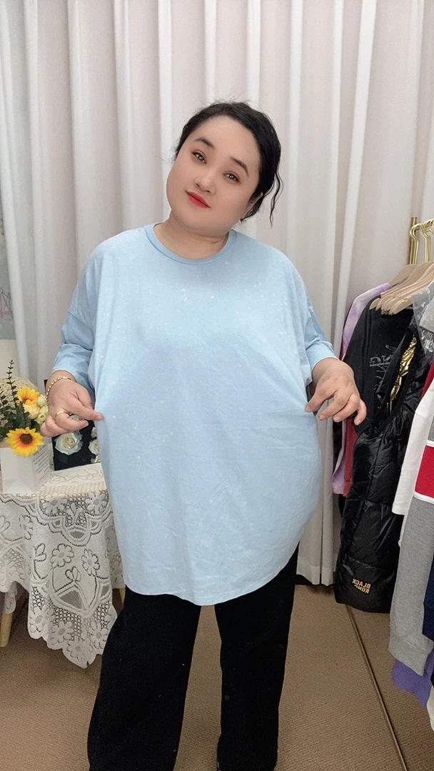 外贸纯棉大码浅蓝色纯色T恤