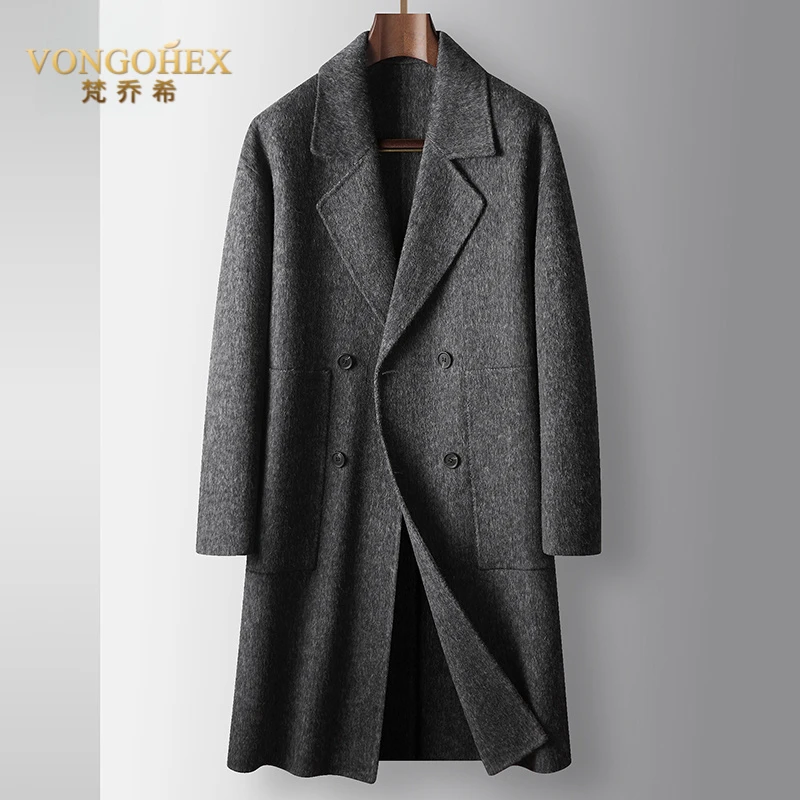 VONGOHEX秋冬季毛呢大衣男双排扣长款过膝双面呢风衣韩版呢子大衣