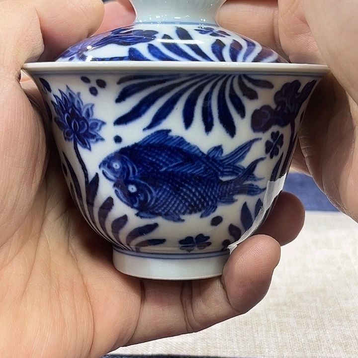 瓷盖碗青花鱼藻纹盖碗