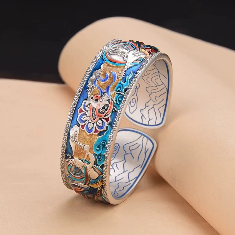 足银手镯 999.9纯银手镯珐琅彩敦煌飞天复古手工国风银镯大气重工