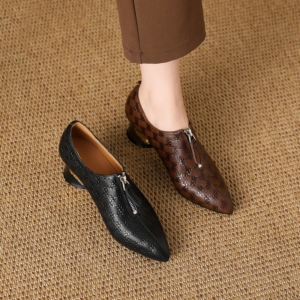 AB1010-Z11春秋新款女单鞋棕色深口时尚中老年妈妈鞋粗跟羊皮鞋