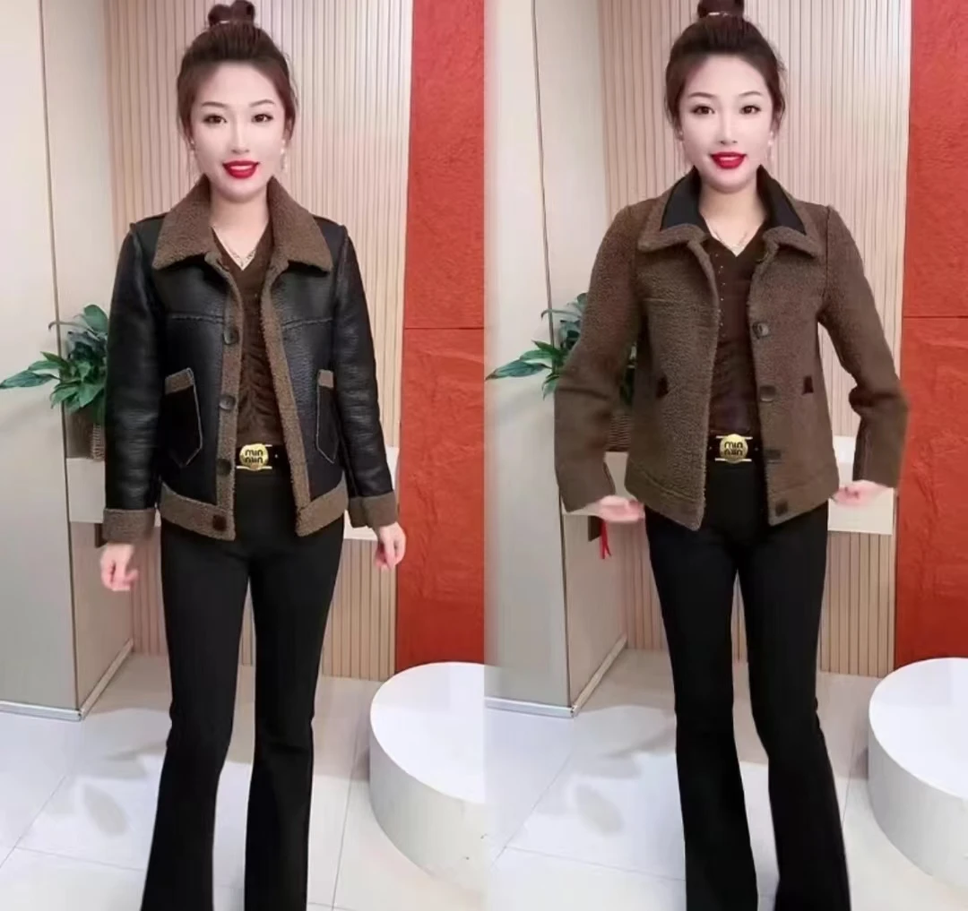 两面穿时尚外套2025秋冬新款洋气加厚翻领长袖皮毛一体上衣外套女
