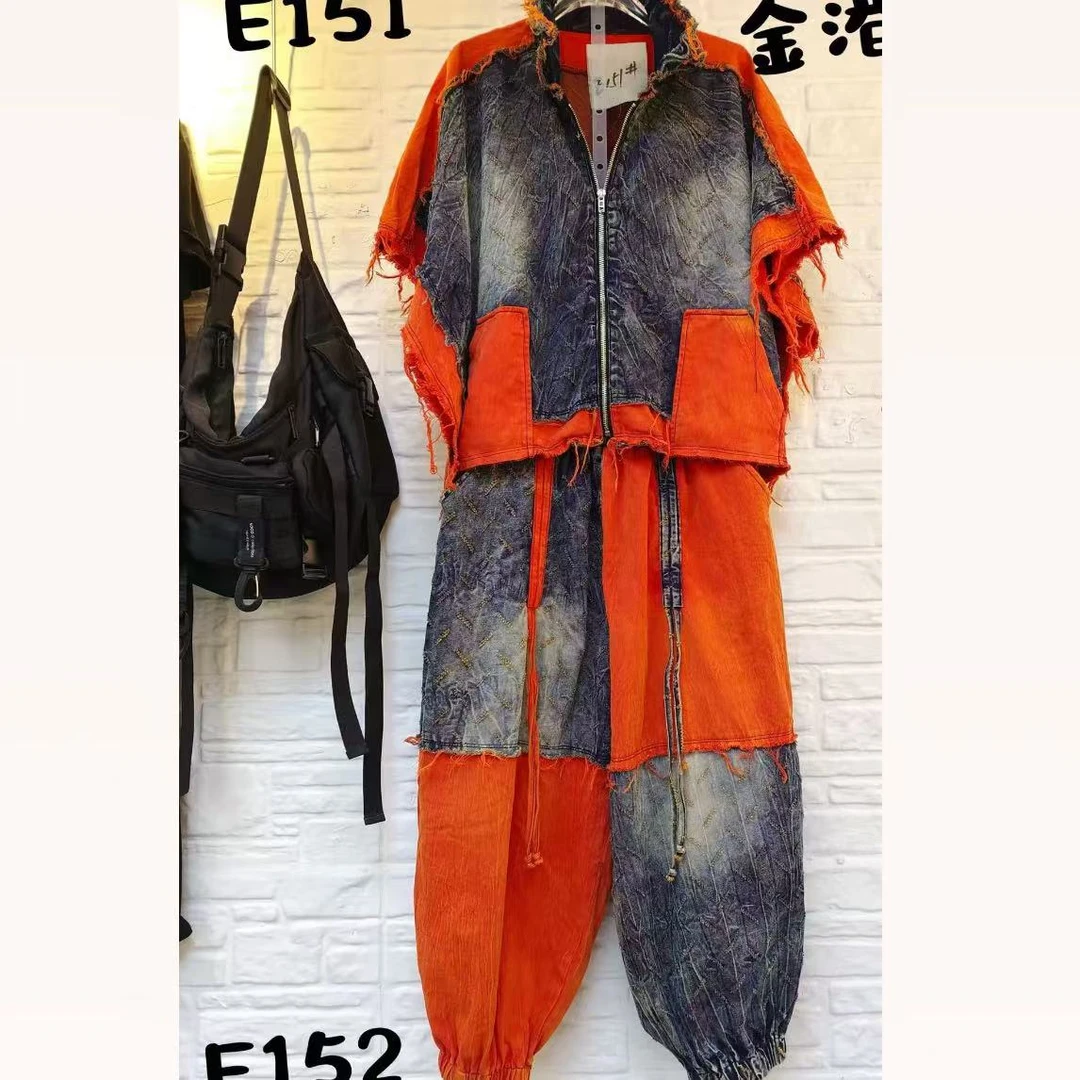 E151#牛仔链接拉链短袖上衣