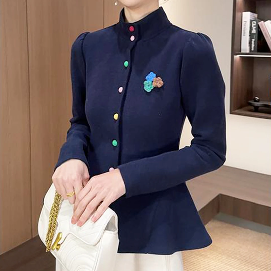 胖mm洋气减龄刺绣polo领长袖衬衫女秋冬大码彩扣收腰显瘦百搭上衣