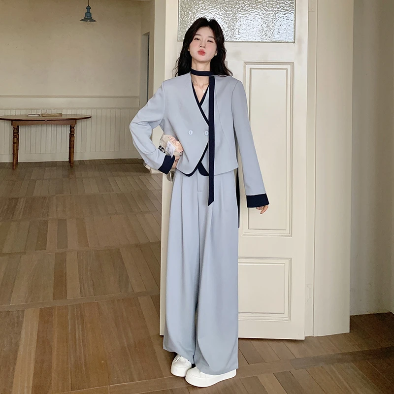 雾霾蓝高级感韩系拼色西装套装女2025春新款气质通勤阔腿裤两件套
