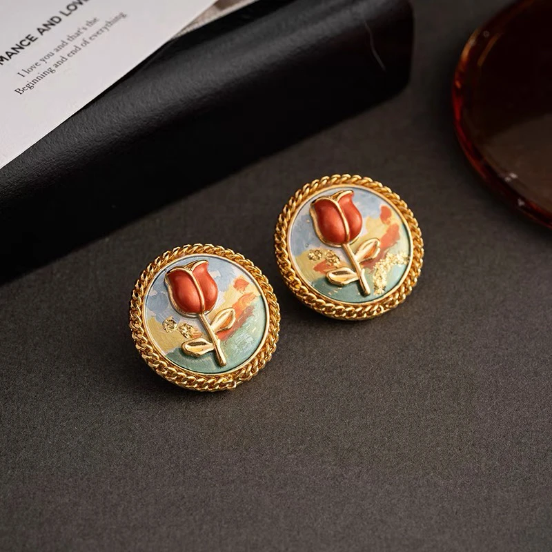 铜合金耳饰 油画花朵中古耳环女新中式玫瑰花珐琅滴釉小众耳饰