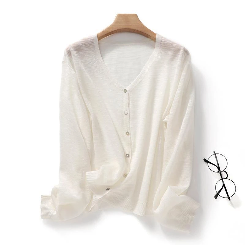 【羊绒桑蚕丝】冰丝针织开衫女V领薄款长袖防晒衣空调衫气质上衣夏