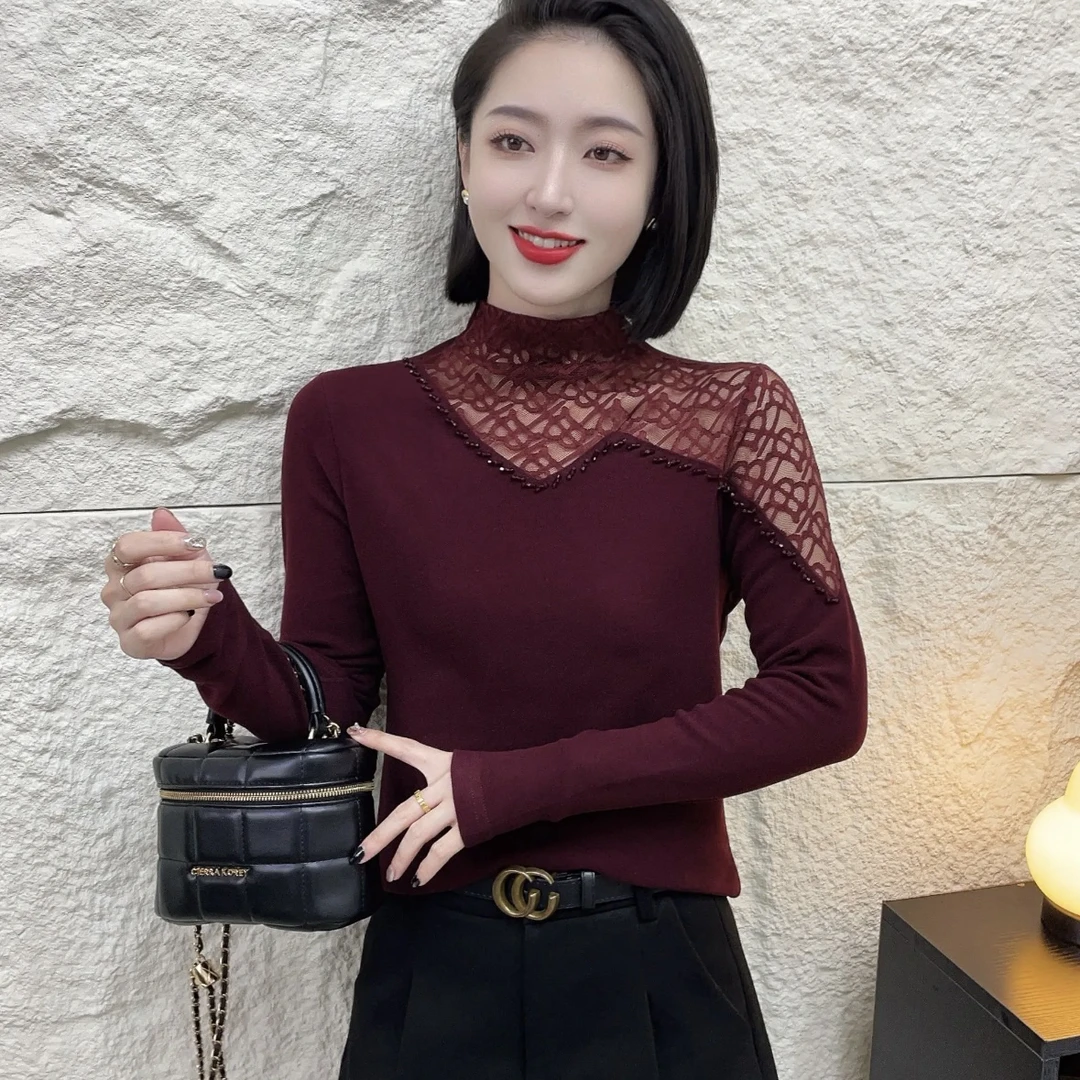 【韩紫朵 2025秋冬新品钉珠漏洞设计半高领百搭t恤女士上衣显瘦