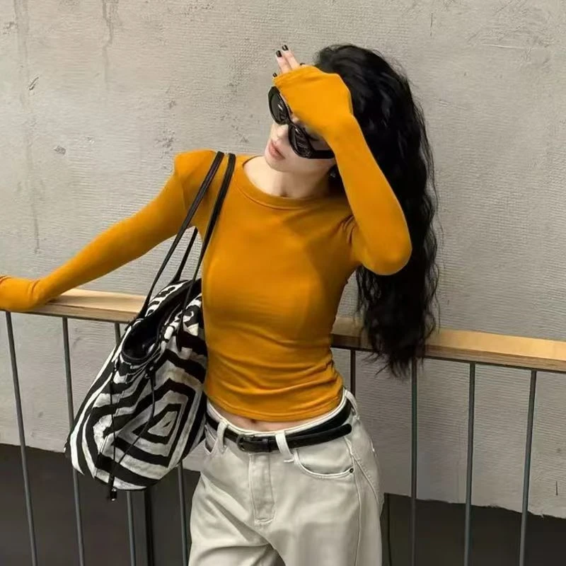 设计感打底衫女款性感气质百搭长袖t恤小圆领西装内搭洋气上衣女