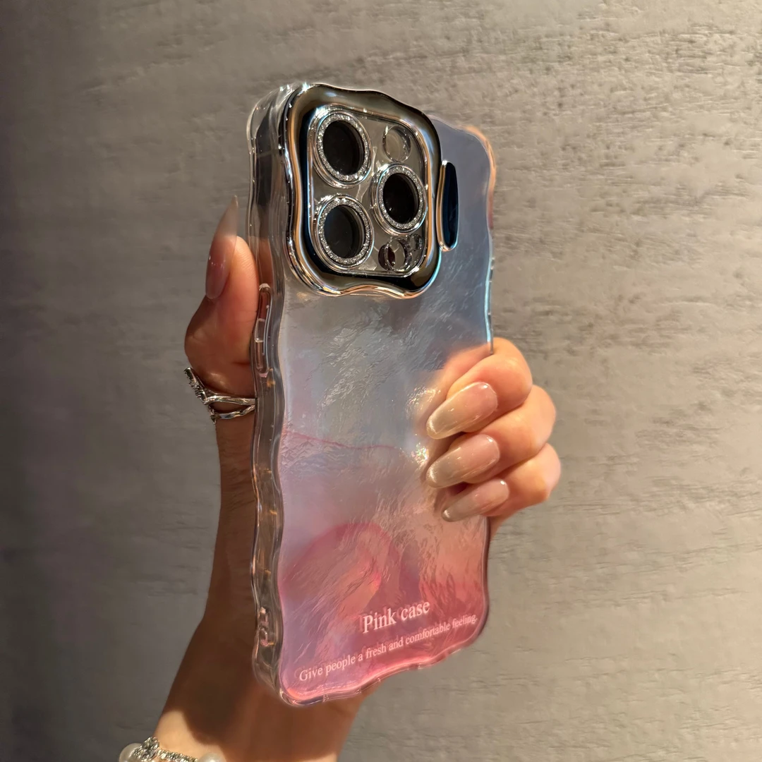 高级晕染波浪边适用苹果16promax手机壳15/14/13闪粉镜头支架女款