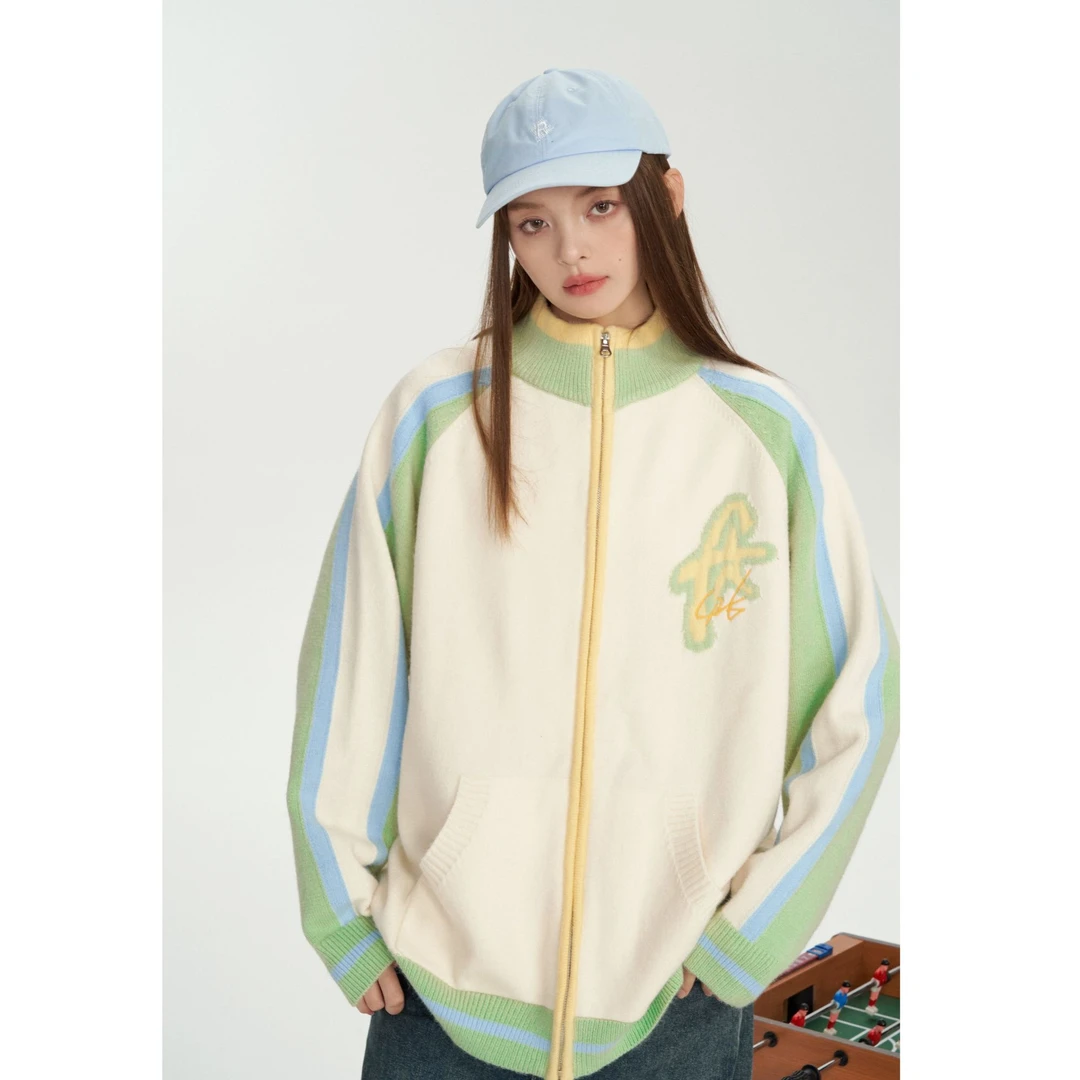 F426国潮情侣嘻哈男女穿搭拼接撞色星星字母插肩袖开衫毛衣5496