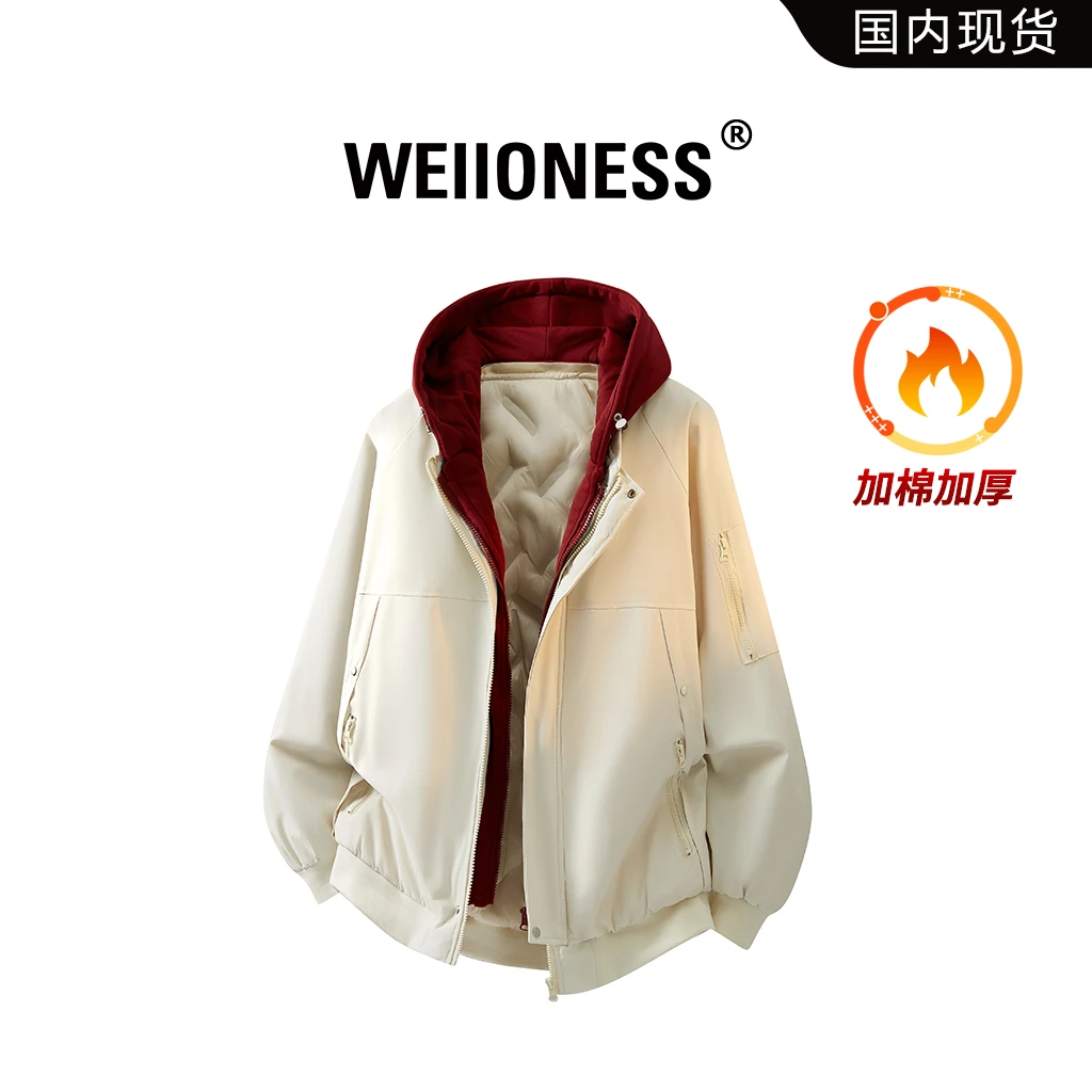 WEIIONESS连帽拼接棉衣男冬季潮流假两件保暖外套高级感痞帅男装