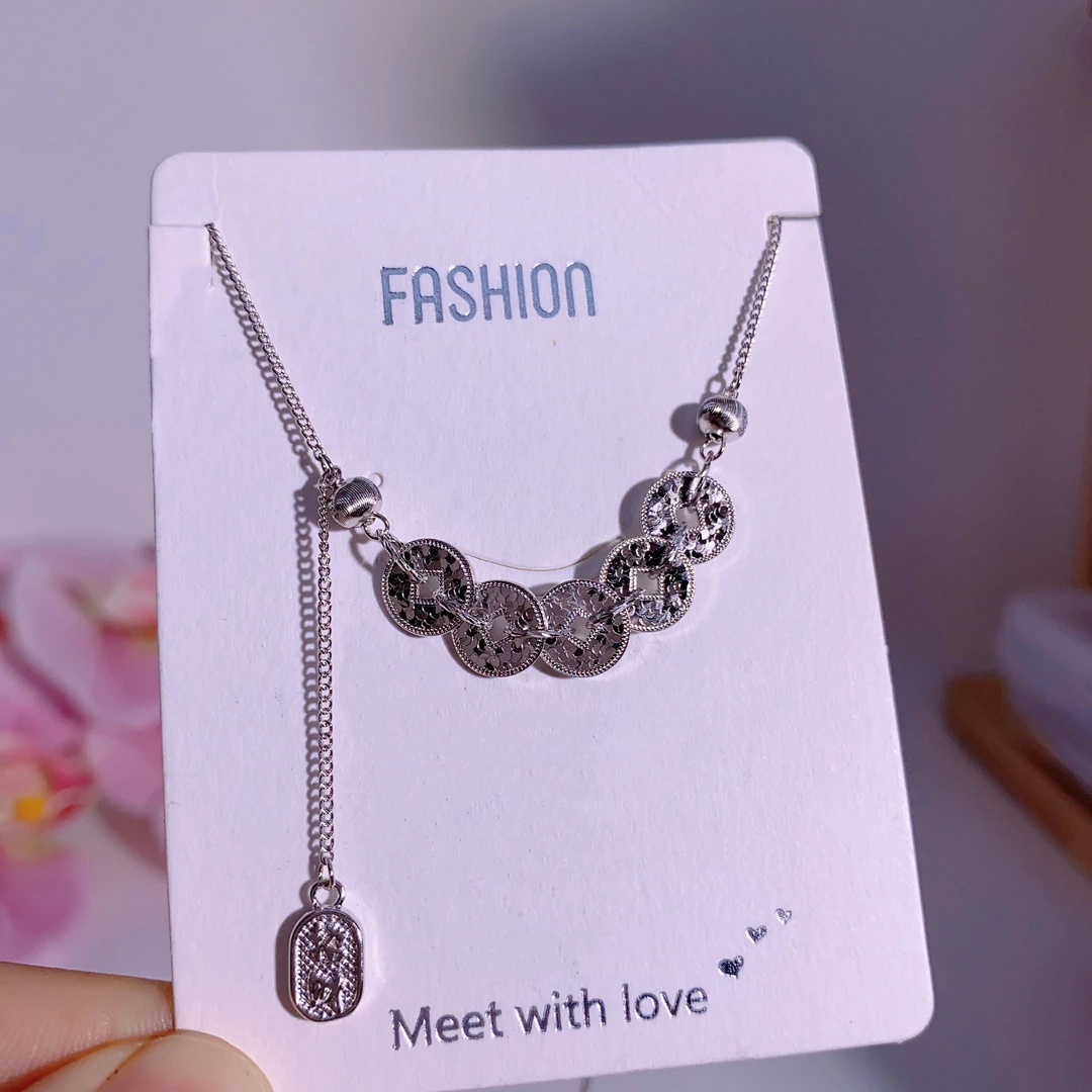 链子足银 五帝钱项链锁骨链小众轻奢吊坠百搭足银999.9（铂金色）