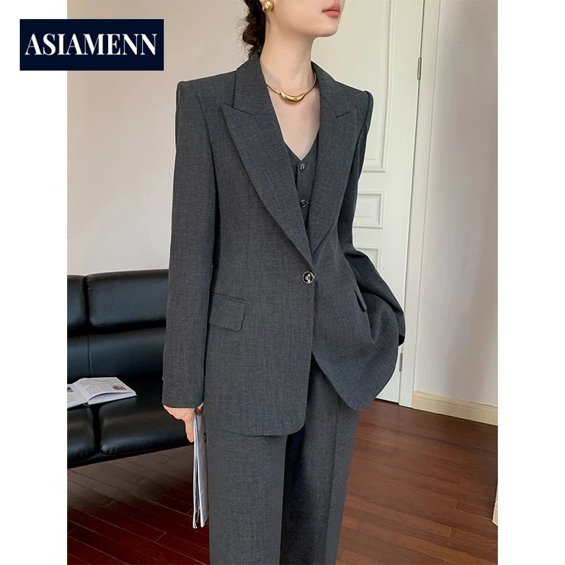 灰色阔腿西装套装女士正装高级感职业正装气质通勤西服马甲三件套