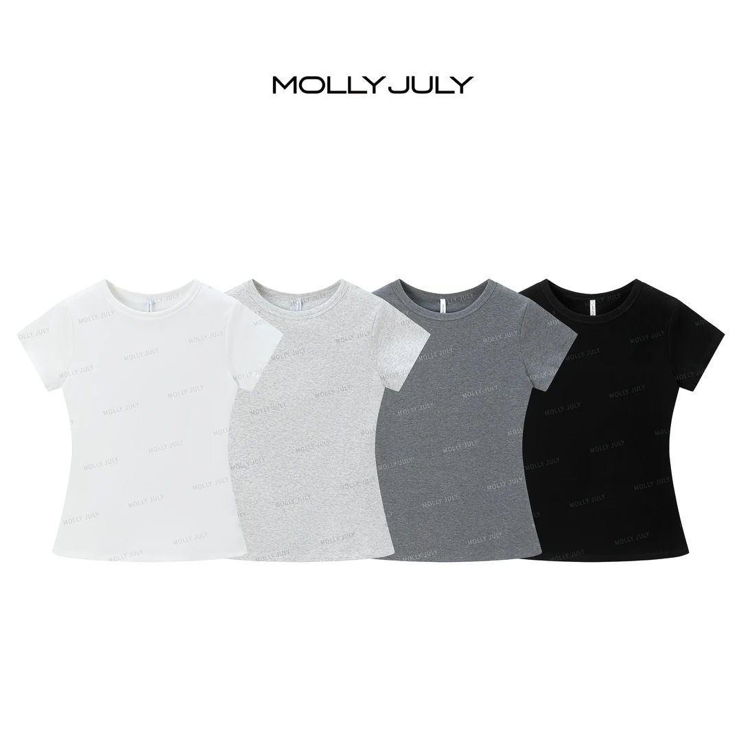 MOLLY JULY 弹力螺纹布显瘦超模夏季显瘦圆领运动短袖女士T恤