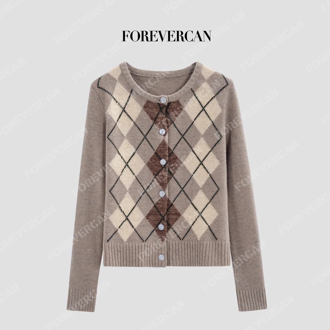 FOREVERCAN“帕尔敦”100美丽诺羊毛经典菱格毛衣开衫MY10042