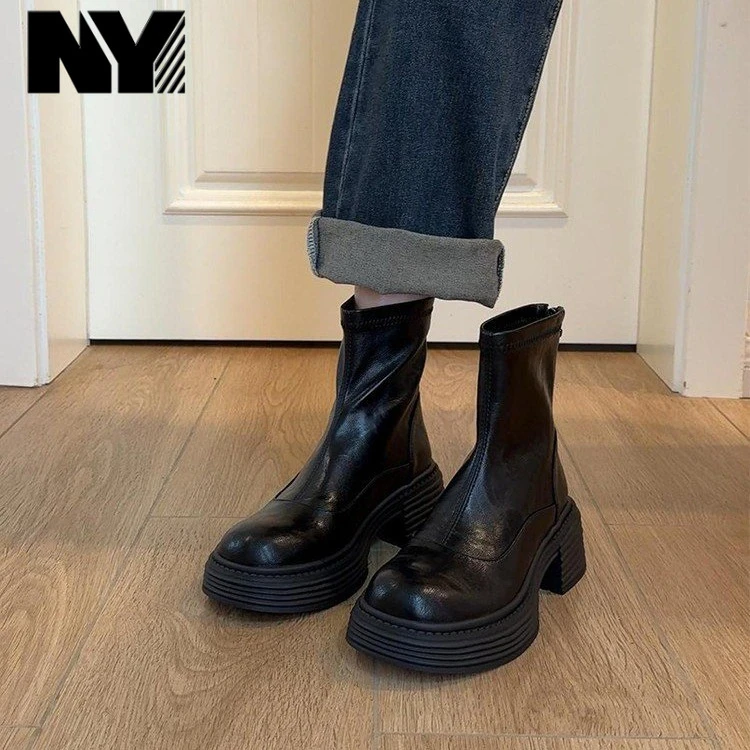NY品牌高跟瘦瘦靴女2025年秋冬新款厚底马丁靴粗跟洋气切尔西短靴