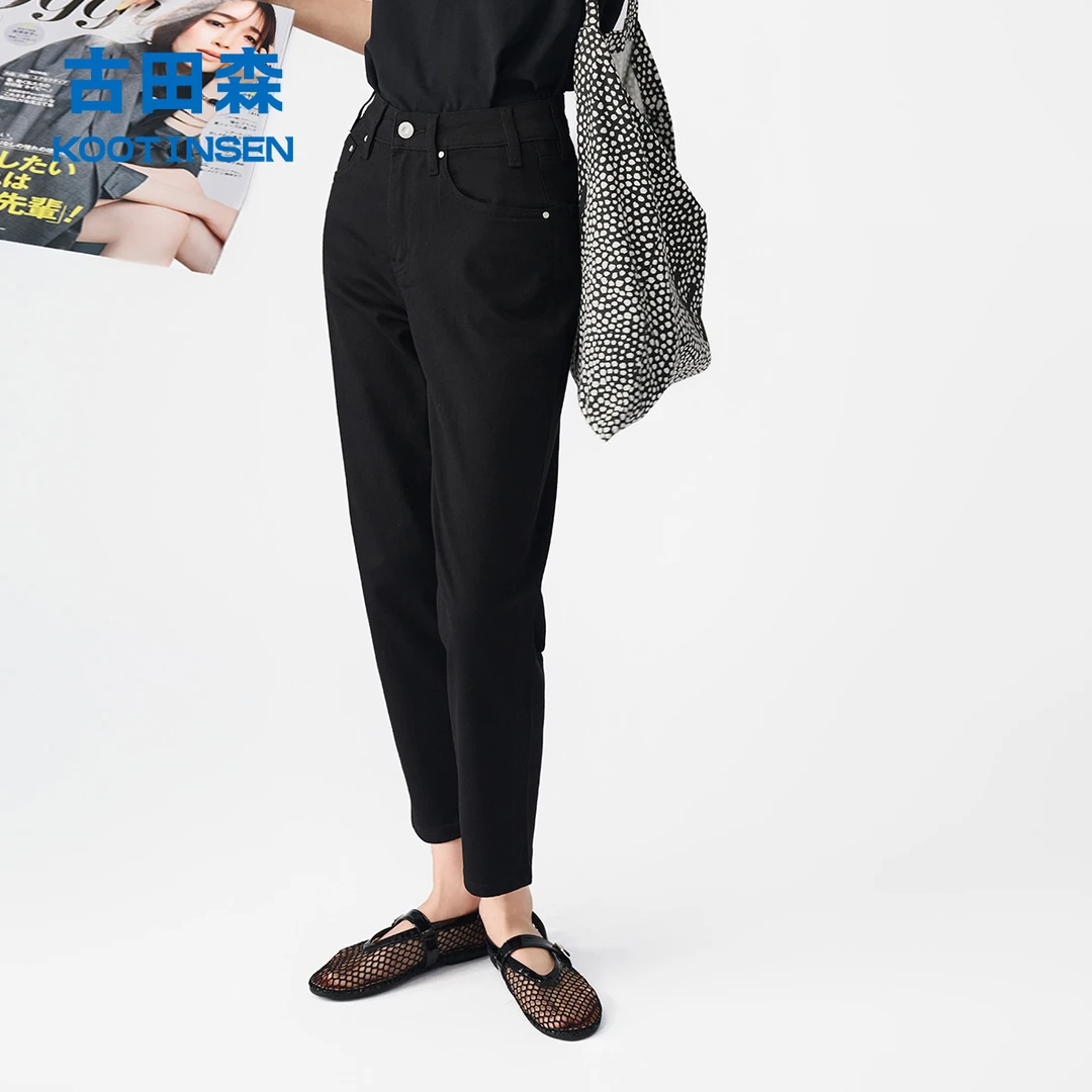 古田森【黑色超薄固色八分】2025夏季高腰显瘦九分烟管烟管牛仔裤