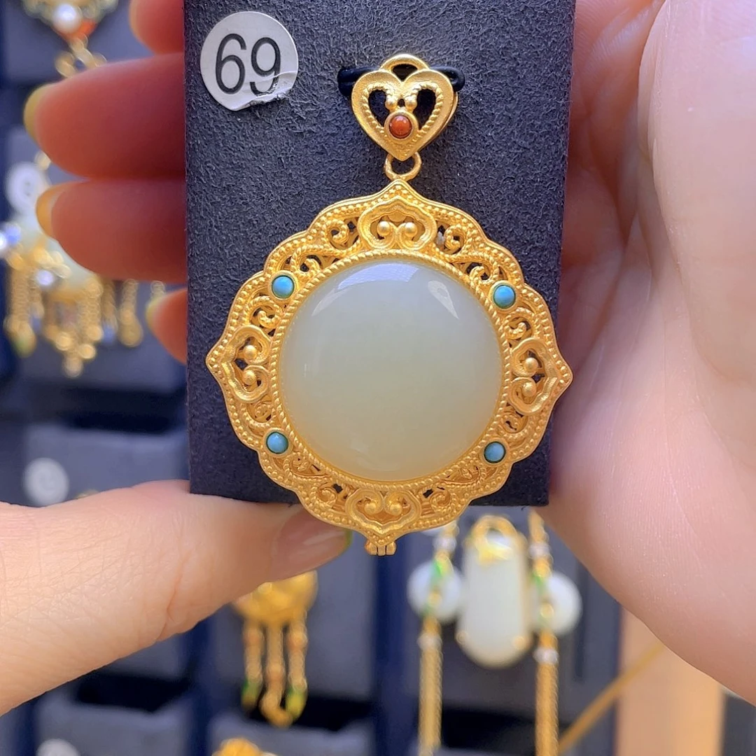 和田玉颈饰银S925镀金镶嵌