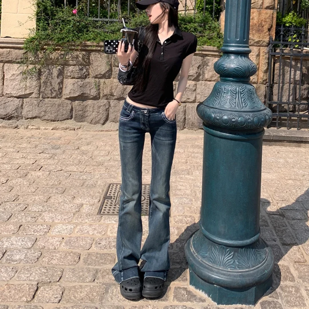 【有瑕疵 有瑕疵 有瑕疵】梦玲同款低腰弹力水洗猫须纹牛仔裤