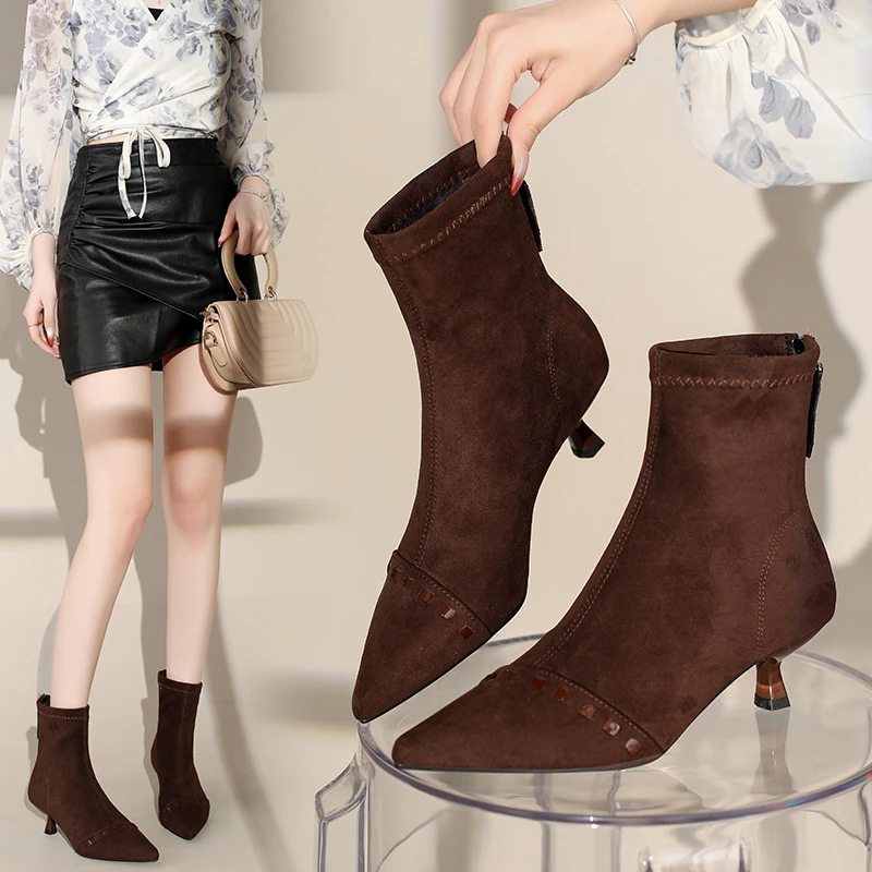 尖头细跟短筒弹力靴女2025秋季新款甜辣时装靴后拉链百搭休闲短靴