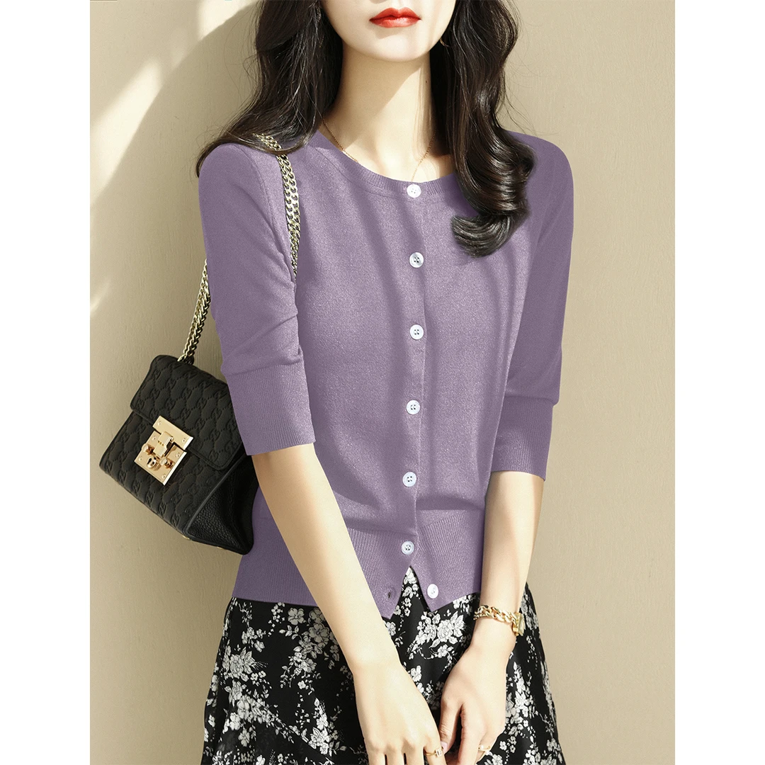 2025早秋新款丁香紫宽松薄款中袖针织开衫圆领纽扣设计T恤上衣女