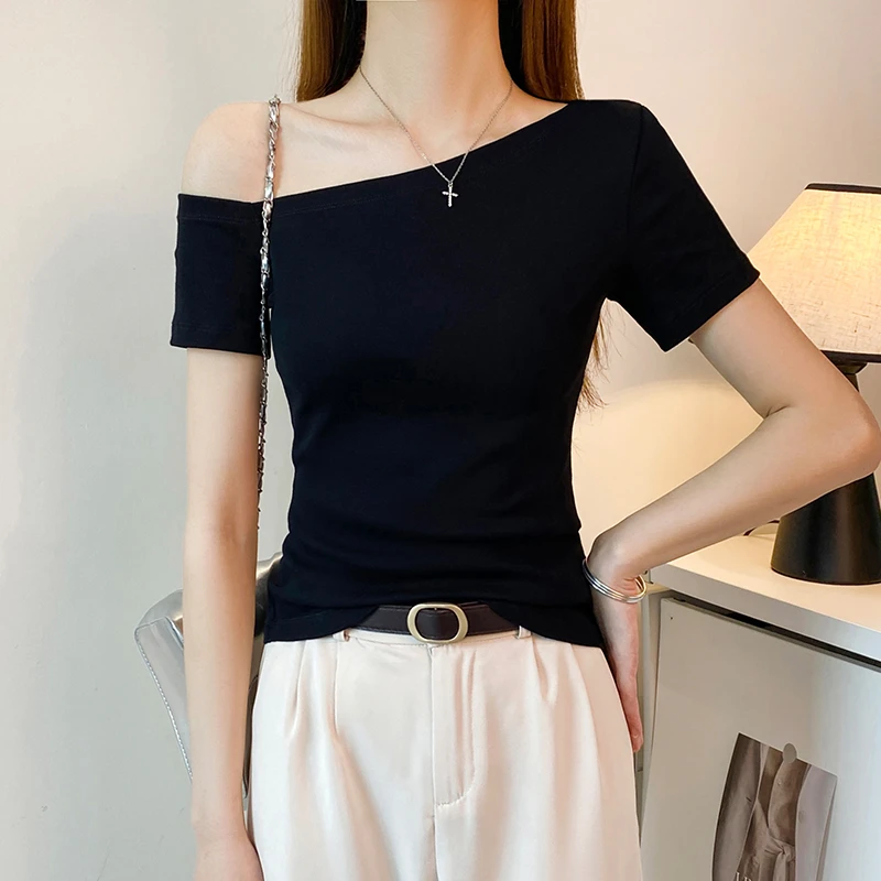 黑色一字斜领短袖t恤女春夏修身设计感露肩打底衫百搭显瘦上衣