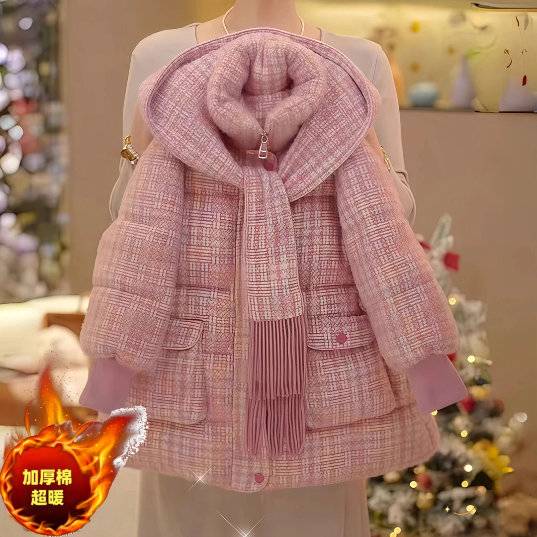 女童中长款毛呢棉服冬装2025新款加厚连帽格子加厚棉棉袄保暖棉衣