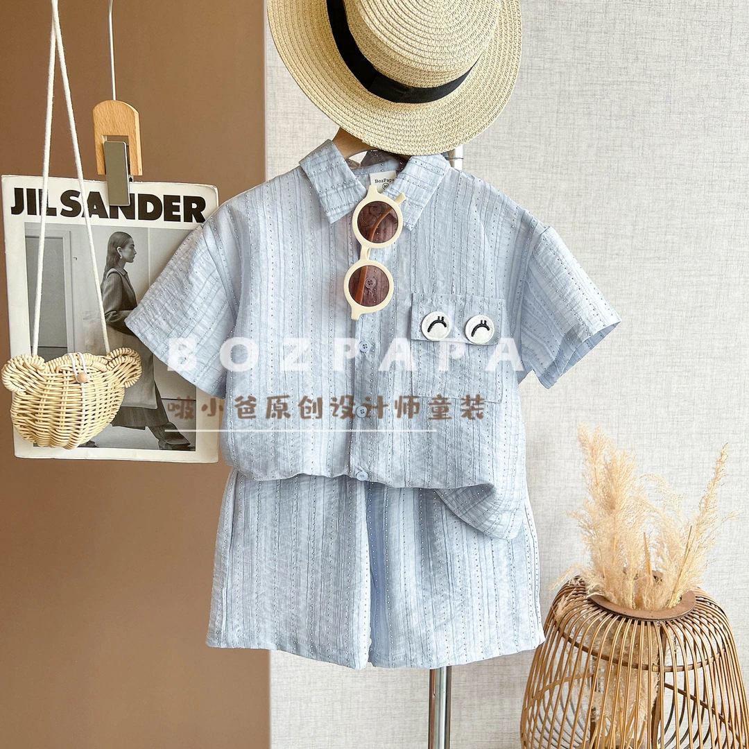 现货设计师【蓝色幻境】2025夏季男童韩系休闲钻钻设计衬衫两件套