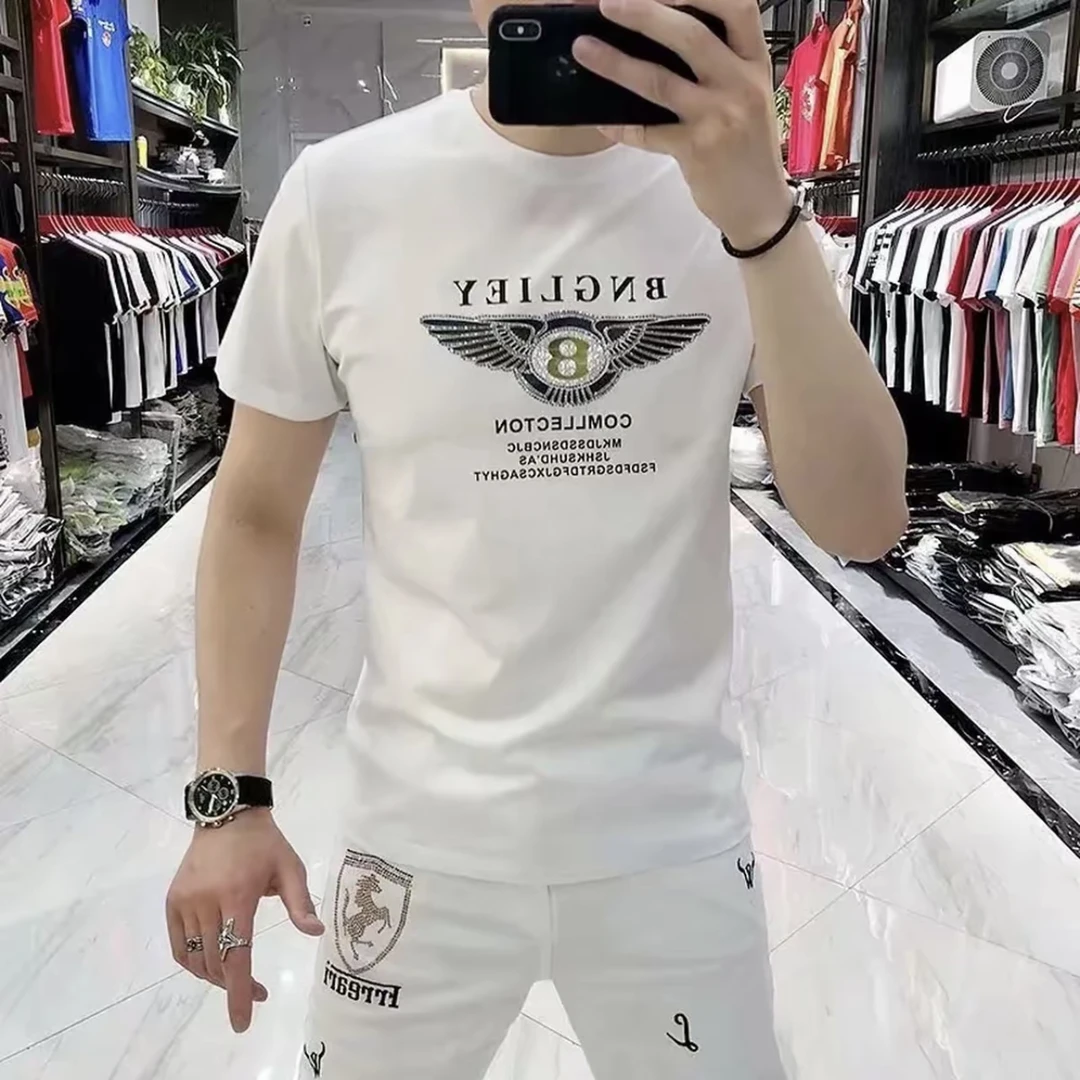 夏季爆款2025新款潮牌液氨棉印花烫钻男士短袖休闲半袖男T恤上衣