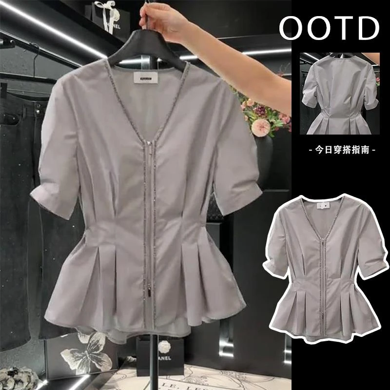 小众设计感短袖领衬衫女夏季新款双拉链开衫压褶显瘦泡泡袖上衣