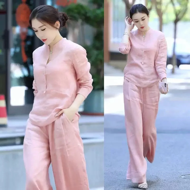 【daily】夏季时尚新中式国风显瘦上衣阔腿棉麻女裤套装