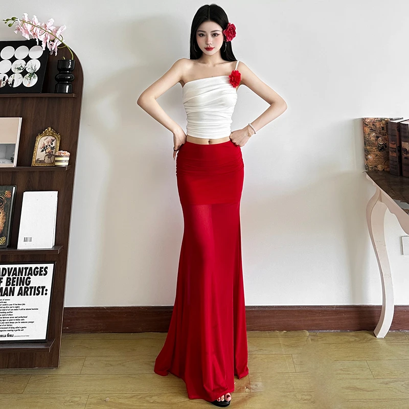 Malou 纯氧清新立体花卉百搭吊带 度假网纱半裙套装女65619+51879