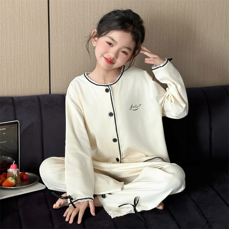 儿童棉睡衣女大童春秋季薄款长袖高级感6-12岁女孩甜美家居服套装