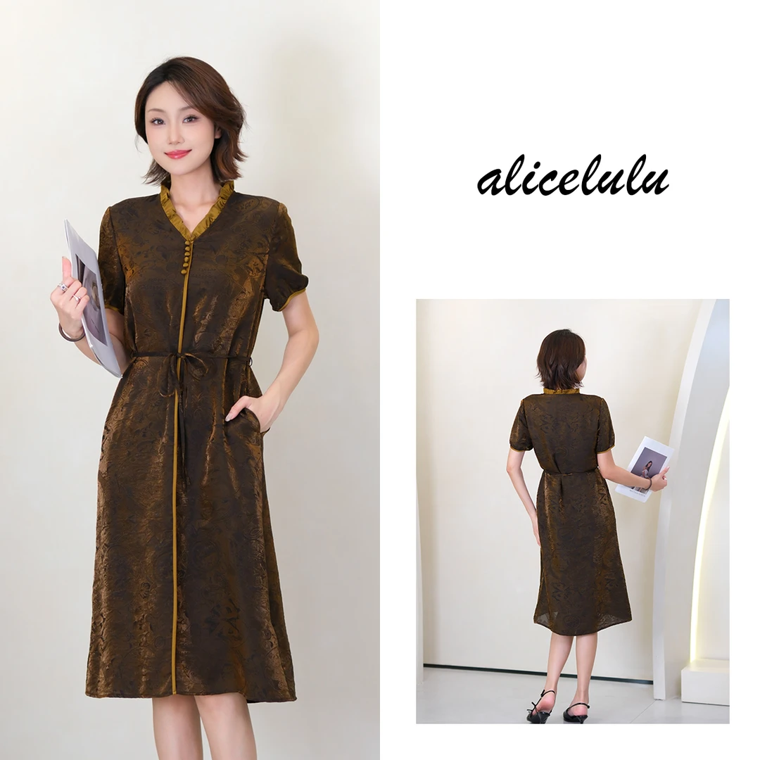 [alicelulu] 系带设计感木耳领拼接短袖连衣裙 S2143429W