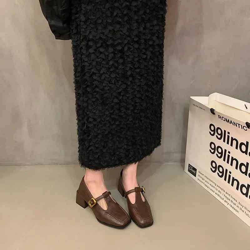 法式复古方头粗跟单鞋女春秋新款晚风韩版仙女高跟鞋玛丽珍小皮鞋