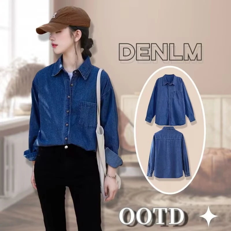 复古港风翻领衬衣女开春季新款小个子叠穿内搭polo领牛仔衬衫上衣