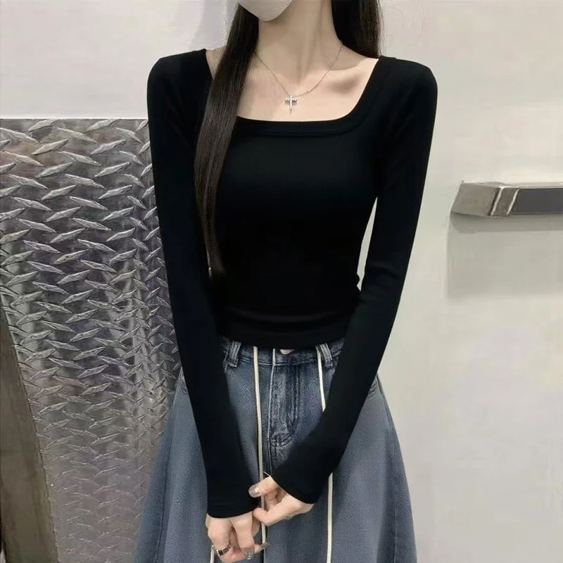 爆款纯色长袖t恤早秋季女装内搭打底衫修身显瘦低u领独特百搭上衣