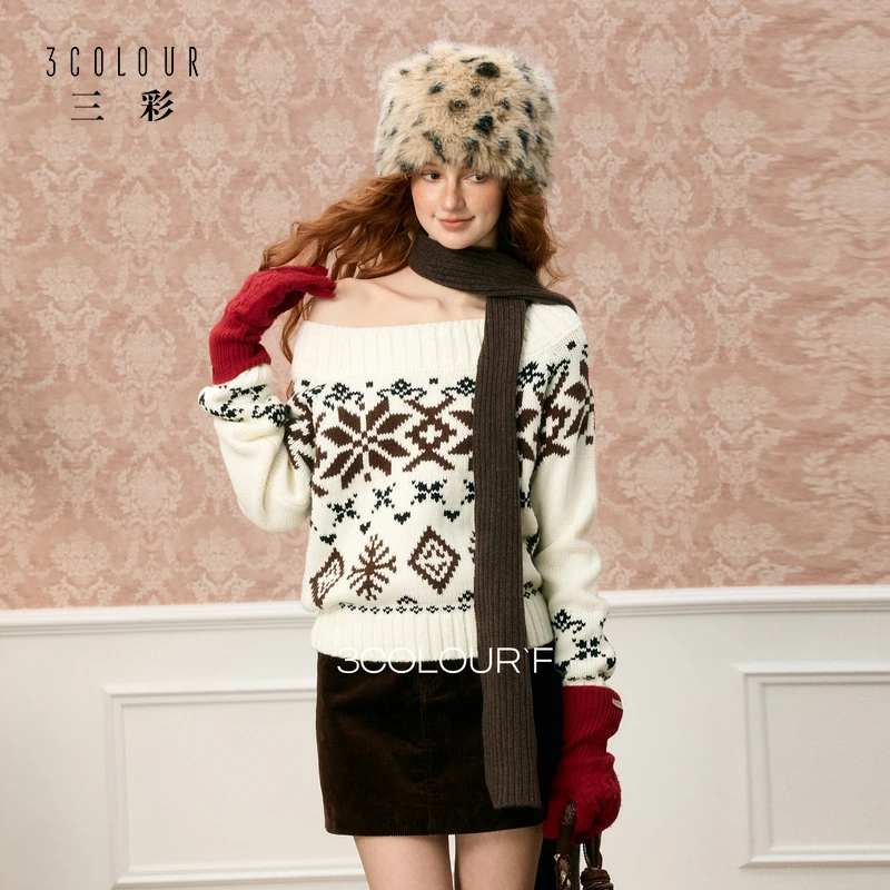 三彩独醒2025冬季新款费尔岛针织衫一字领毛衫宽松套头F