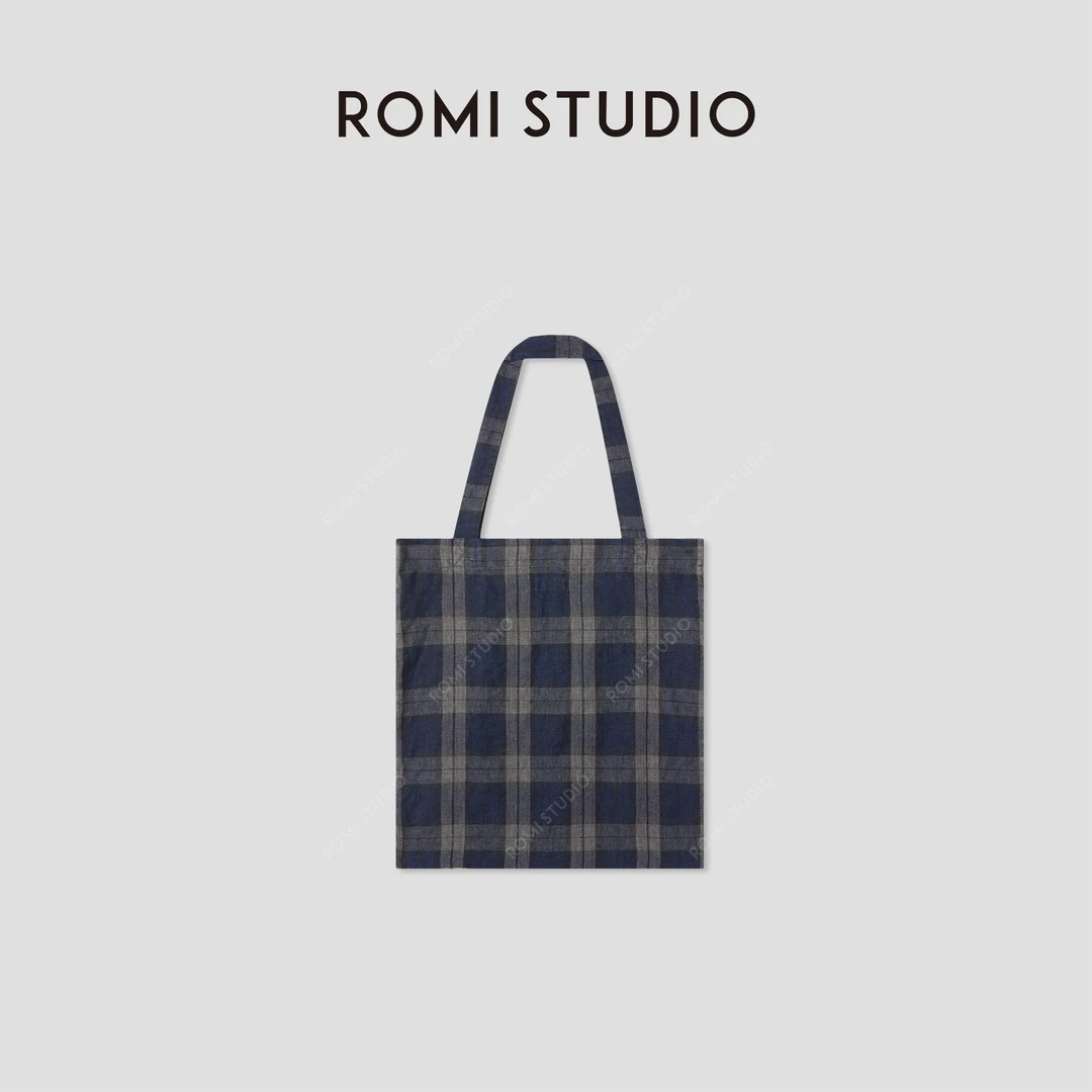 ROMI STUDIO 首饰袋 100%色织亚麻做旧格子手提单肩包RWCAPY5342