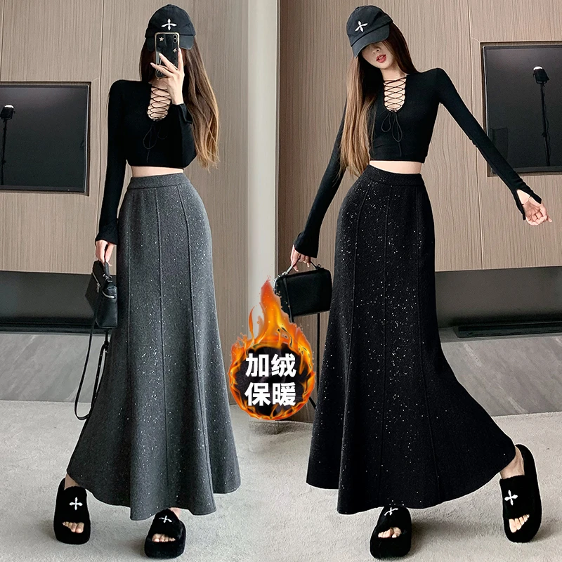 亮片毛呢半身裙秋冬2024新款高腰A字裙中长款长裙时尚显瘦鱼尾裙