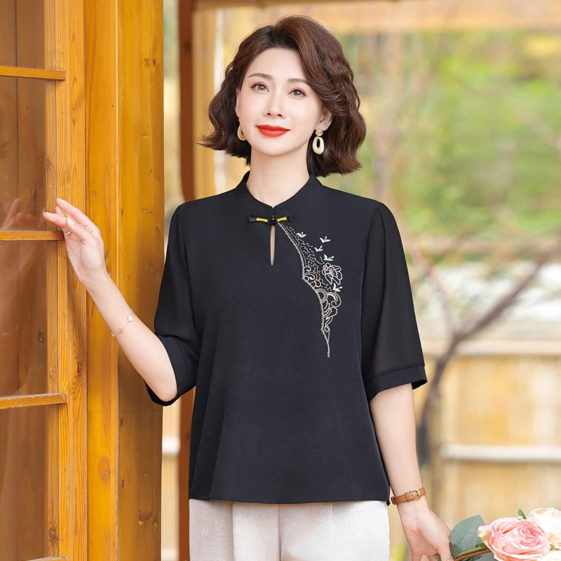 新中式中国风时尚刺绣小衫春夏新款立领上衣外穿宽松显瘦中袖上衣
