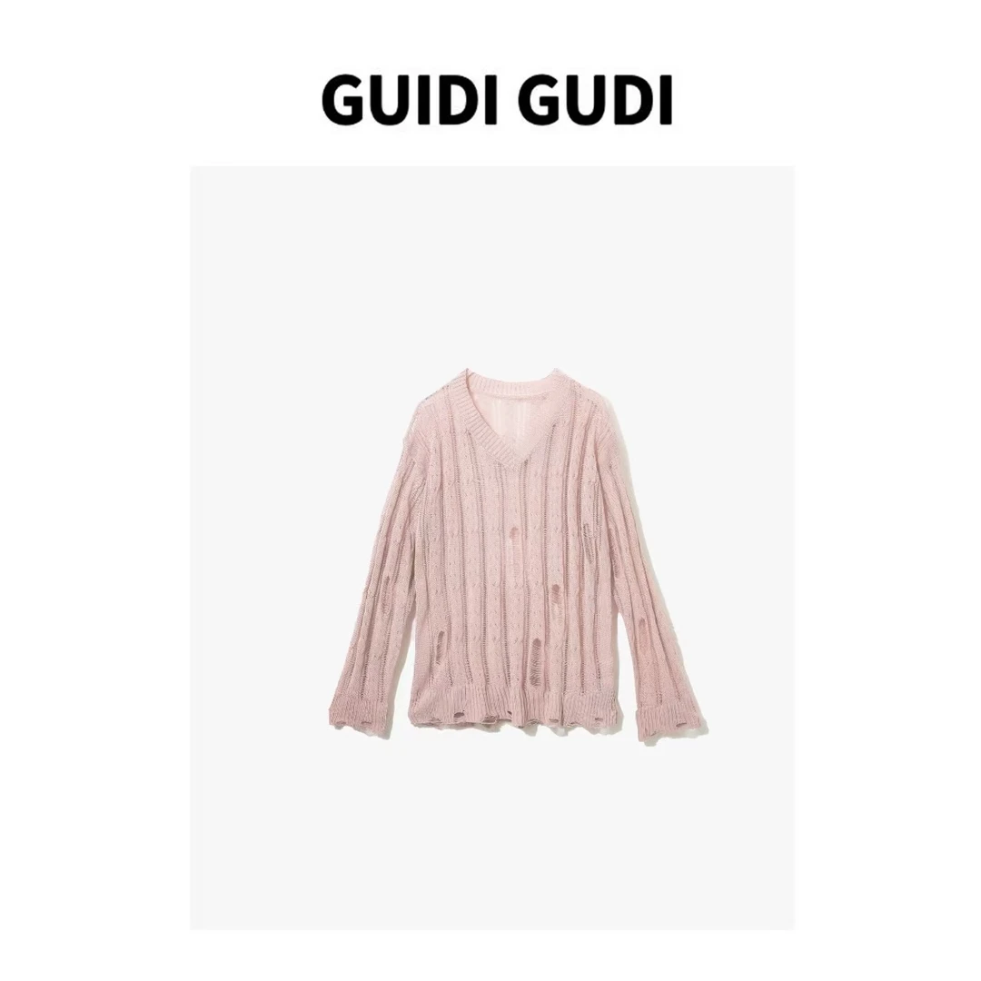GUIDI GUDI【穿越火线】黄加蓝破洞长袖上衣针织百搭T恤