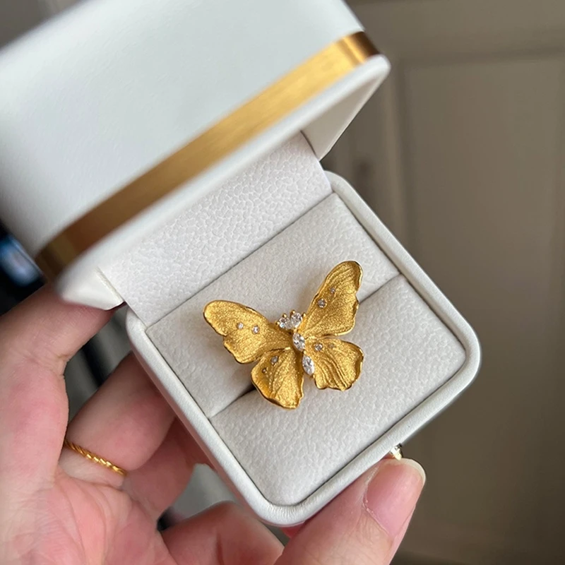 铜合金戒指 复古闪锆拉丝蝴蝶戒指轻奢小众设计高级感精致食指戒