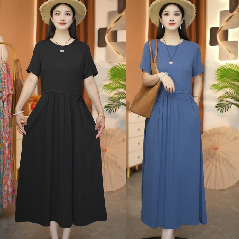 纯色系妈妈装中长款棉绸裙子夏季新款时尚短袖系带大码连衣裙